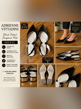 Black Patent Slingback Flats Size 8.5 Pointed Toe Metallic Heel